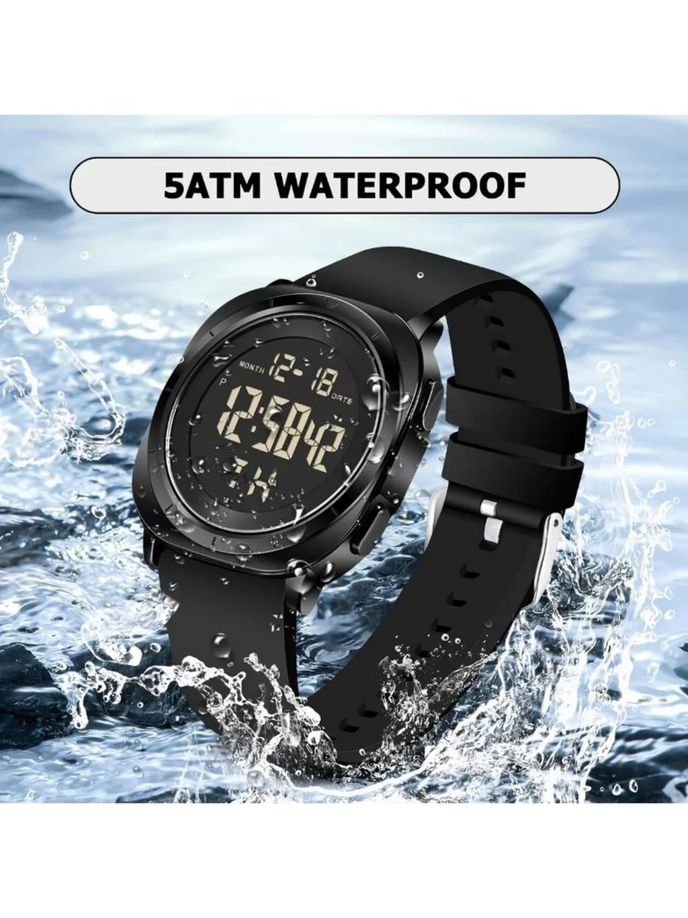 Men's Digital Waterproof Running Watch - Tactical Sports Dive Wristwatch, Black